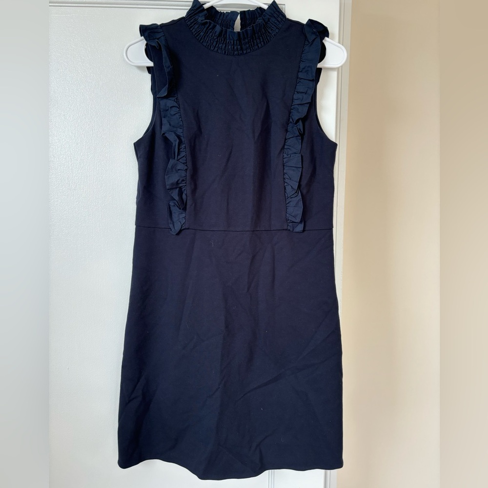 Navy Shift Dress with Ruffled Neck